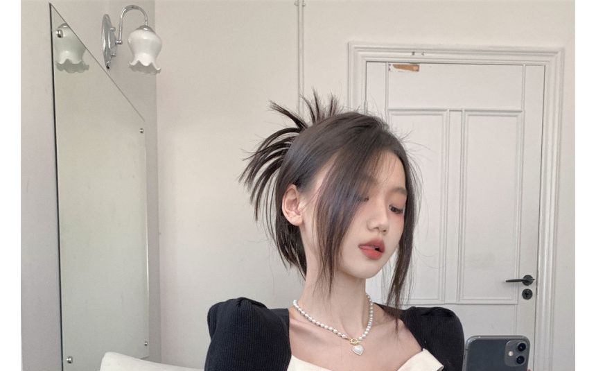 Puff-Sleeve Knit Top Slim-Fit Square-Neck