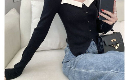 Puff-Sleeve Knit Top Slim-Fit Square-Neck