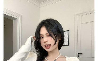 Puff-Sleeve Knit Top Slim-Fit Square-Neck