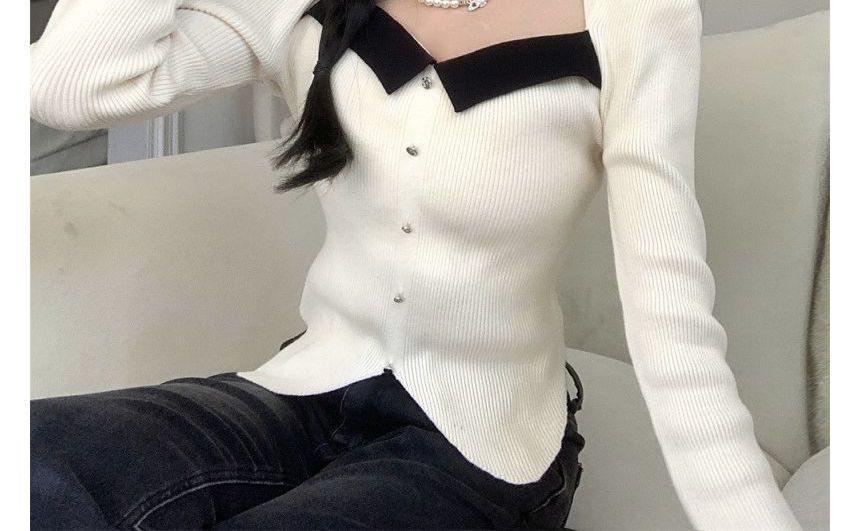Puff-Sleeve Knit Top Slim-Fit Square-Neck