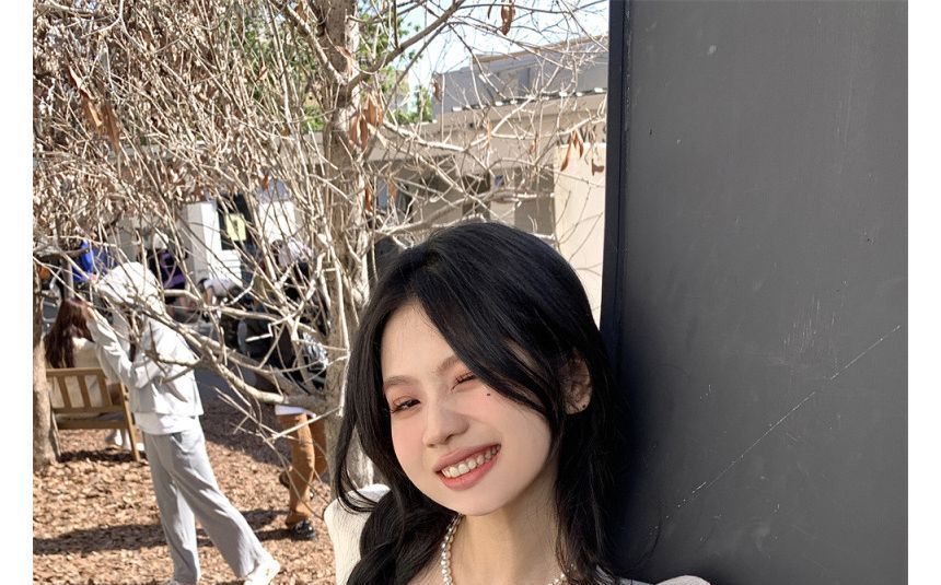 Puff-Sleeve Knit Top Slim-Fit Square-Neck