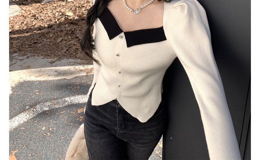 Puff-Sleeve Knit Top Slim-Fit Square-Neck