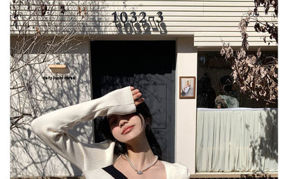 Puff-Sleeve Knit Top Slim-Fit Square-Neck