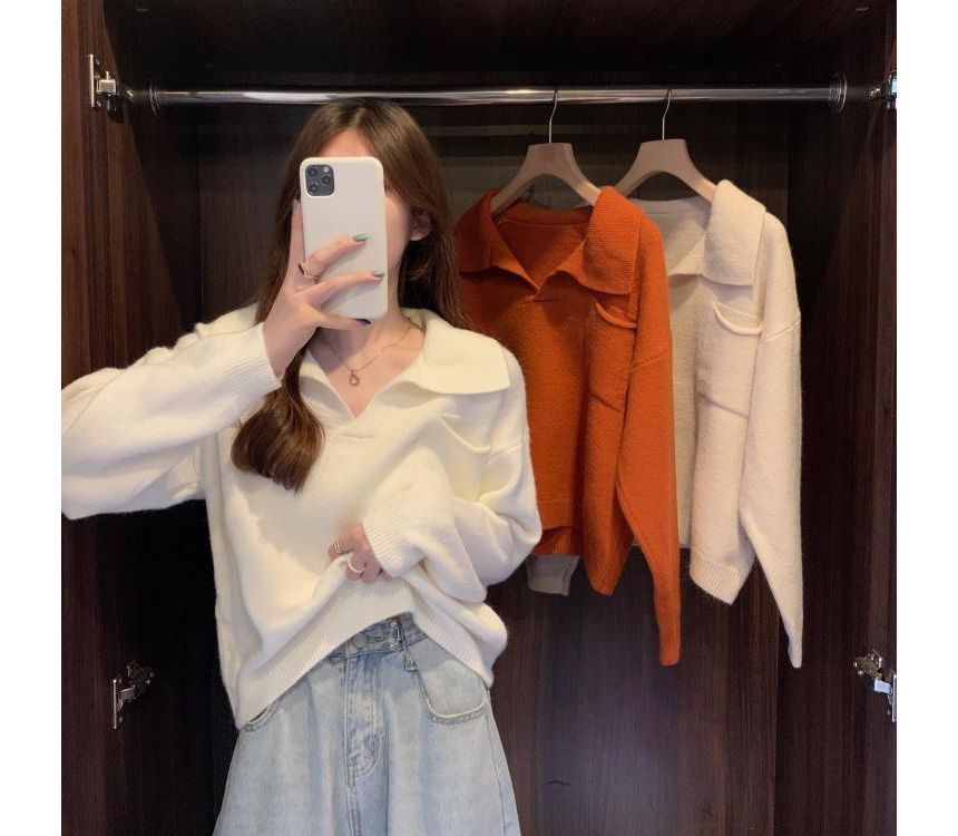 Sweater Loose-Fit Plain V-Neck