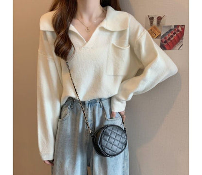 Sweater Loose-Fit Plain V-Neck