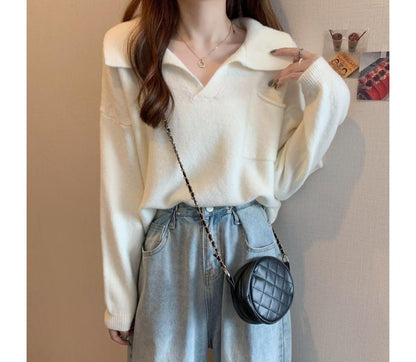 Sweater Loose-Fit Plain V-Neck
