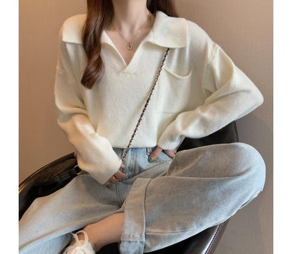 Sweater Loose-Fit Plain V-Neck