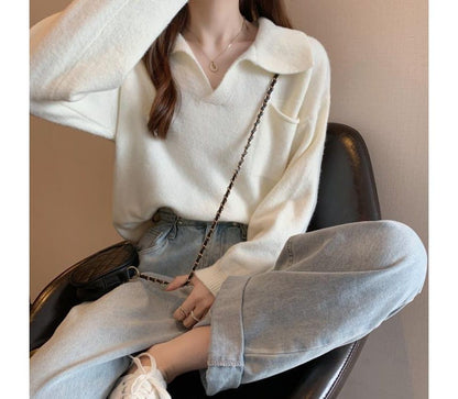 Sweater Loose-Fit Plain V-Neck