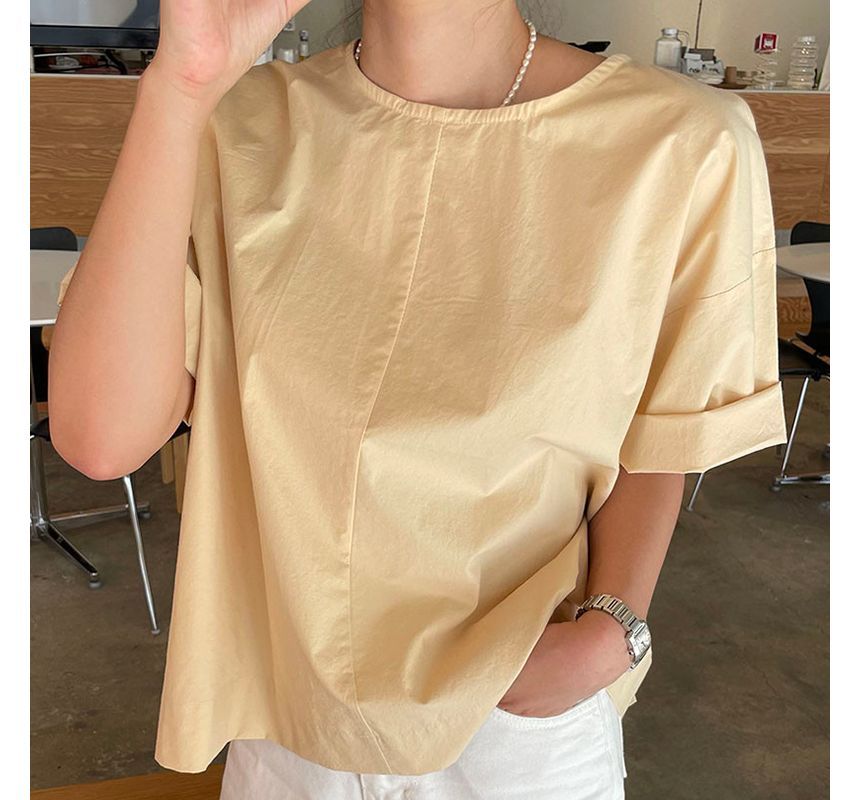 Short-Sleeve Crew Neck Plain Open Back Blouse