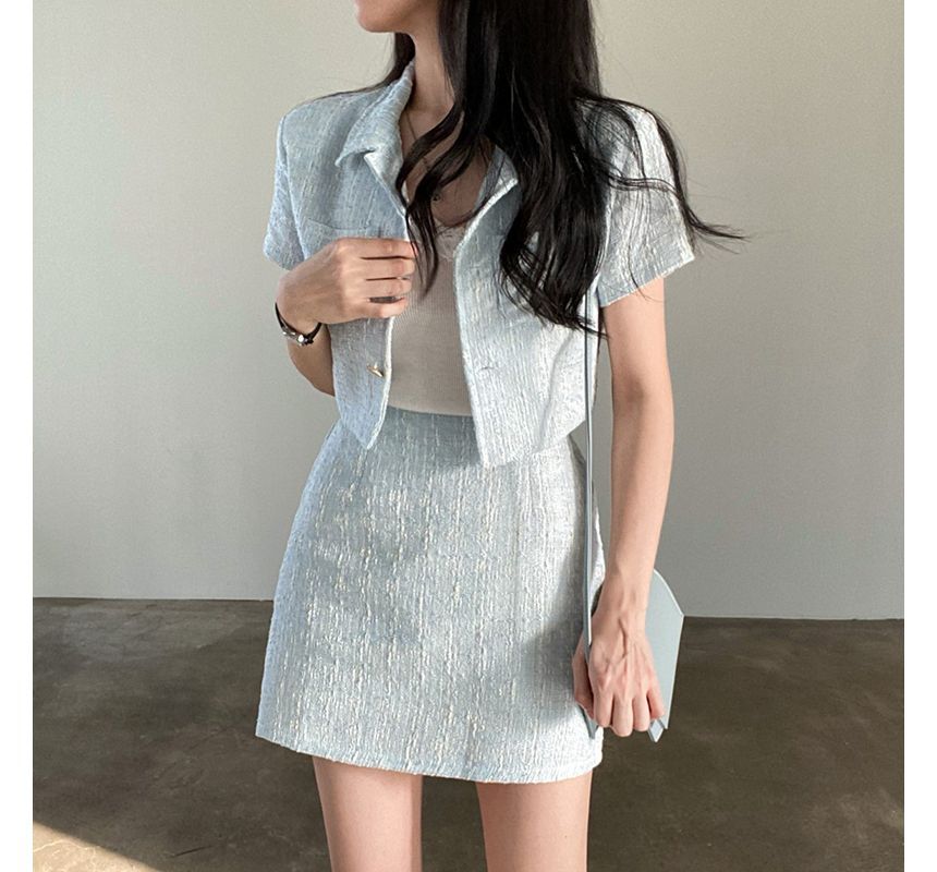 Set: Short-Sleeve Collar Tweed Crop Button-Up Jacket + High Rise Mini A-Line Skirt