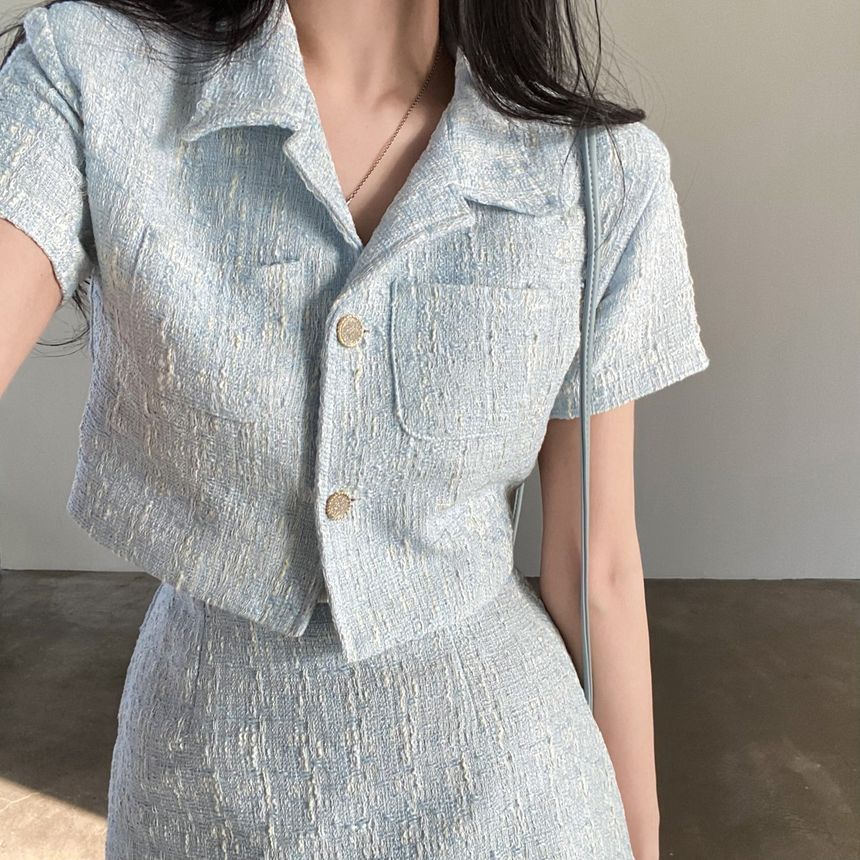 Set: Short-Sleeve Collar Tweed Crop Button-Up Jacket + High Rise Mini A-Line Skirt