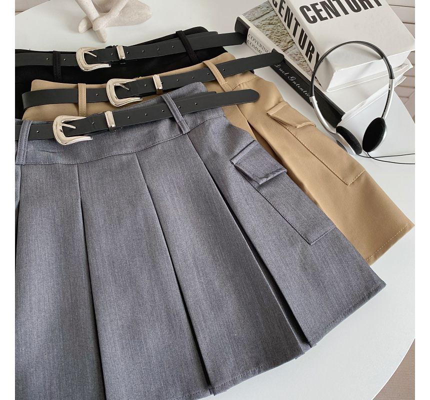 Set: High Waist Plain Pleated Mini A-Line Cargo Skirt + Faux Leather Belt