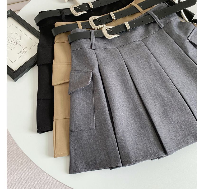 Set: High Waist Plain Pleated Mini A-Line Cargo Skirt + Faux Leather Belt