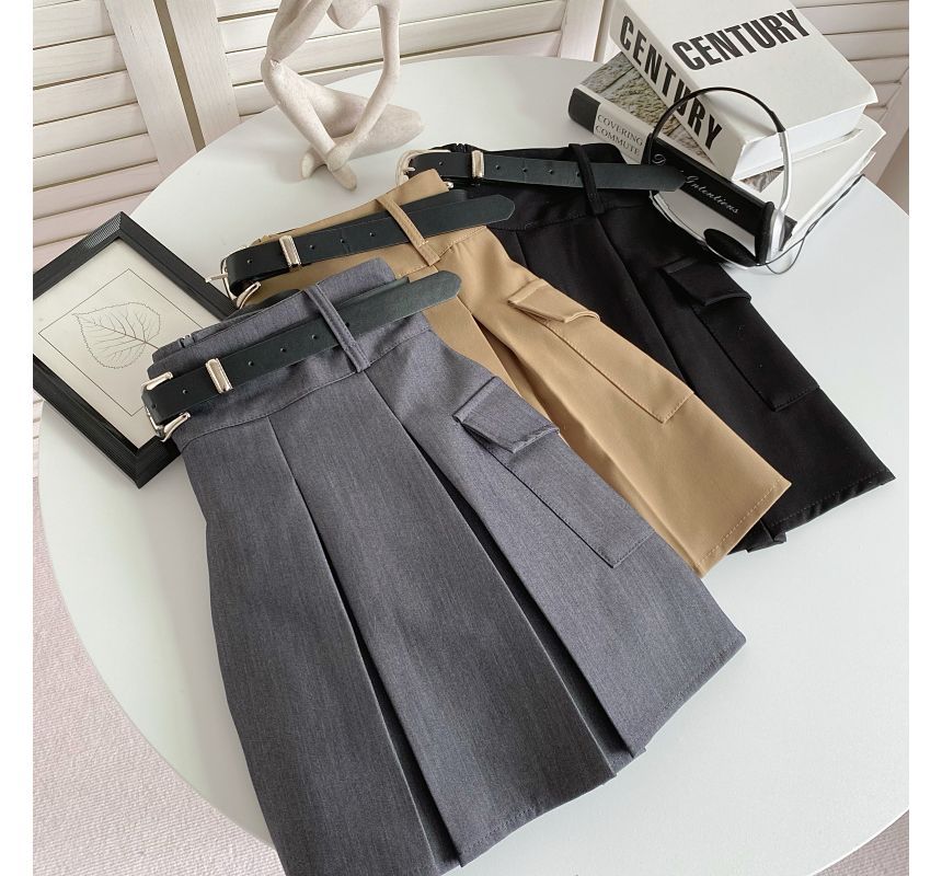 Set: High Waist Plain Pleated Mini A-Line Cargo Skirt + Faux Leather Belt