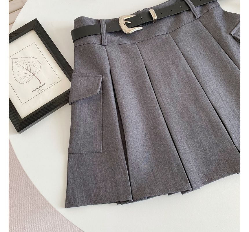 Set: High Waist Plain Pleated Mini A-Line Cargo Skirt + Faux Leather Belt