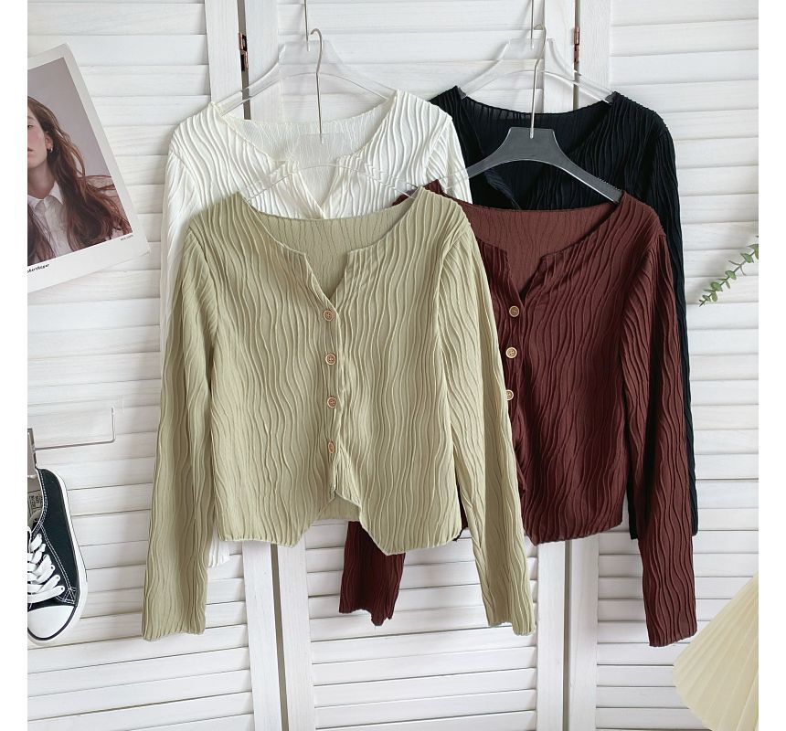 Long-Sleeve Plain Shirred Button-Up Blouse