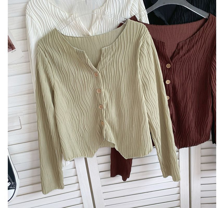 Long-Sleeve Plain Shirred Button-Up Blouse