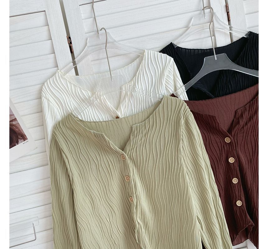 Long-Sleeve Plain Shirred Button-Up Blouse