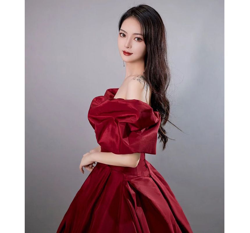 Short-Sleeve Off Shoulder Plain Ruched A-Line Evening Gown