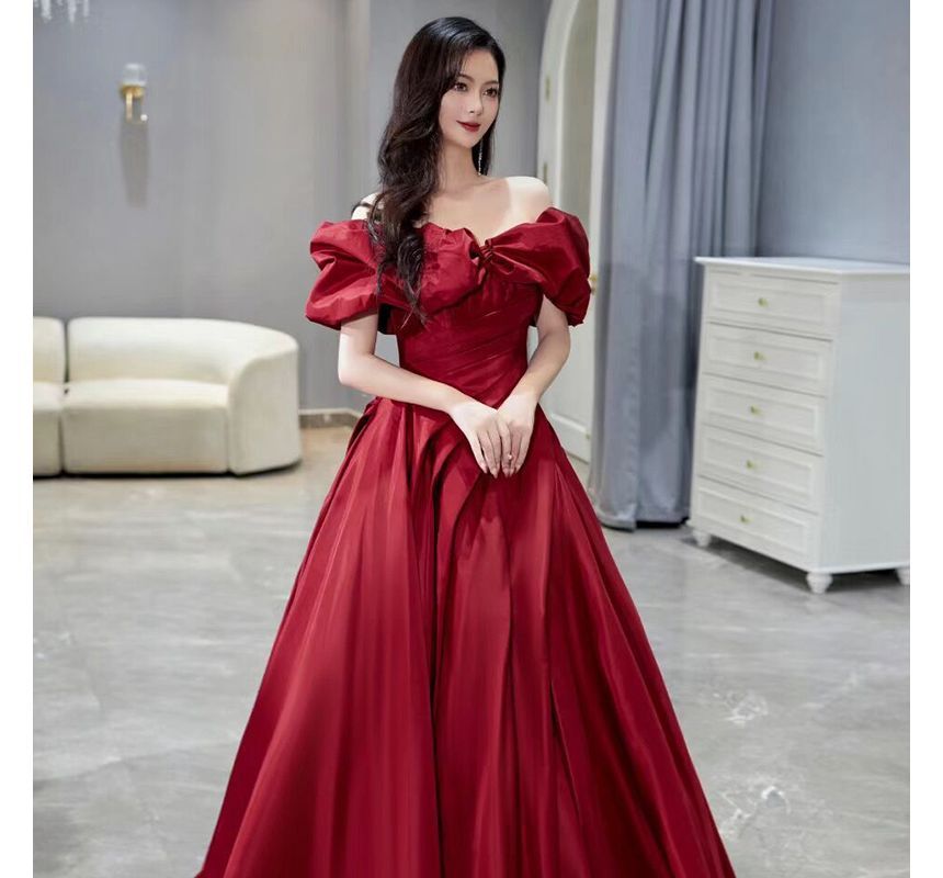 Short-Sleeve Off Shoulder Plain Ruched A-Line Evening Gown