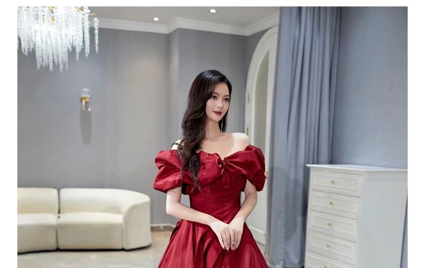 Short-Sleeve Off Shoulder Plain Ruched A-Line Evening Gown