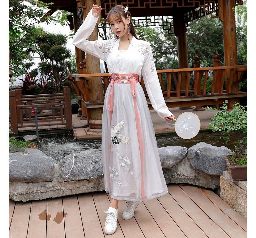 Crane Embroidered Hanfu Costume Set