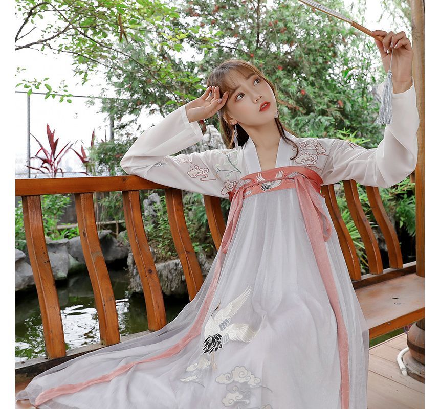 Crane Embroidered Hanfu Costume Set