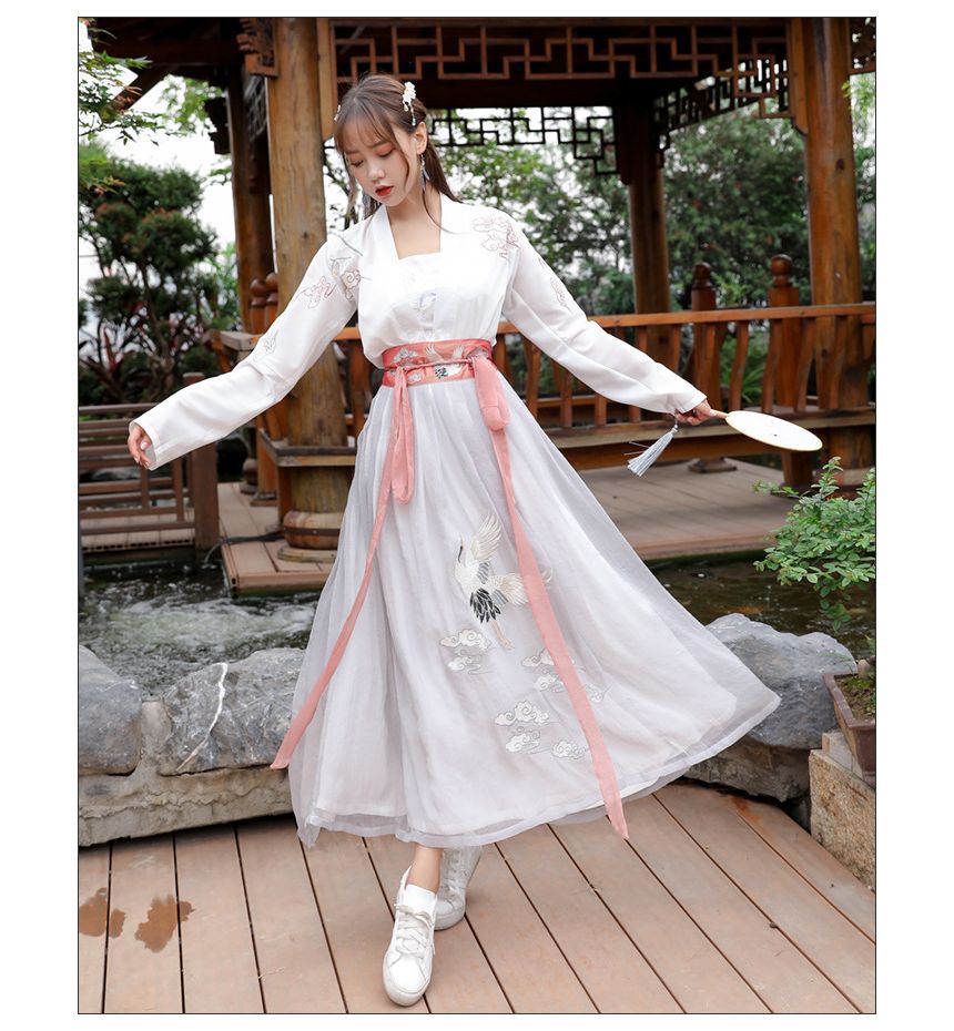 Crane Embroidered Hanfu Costume Set