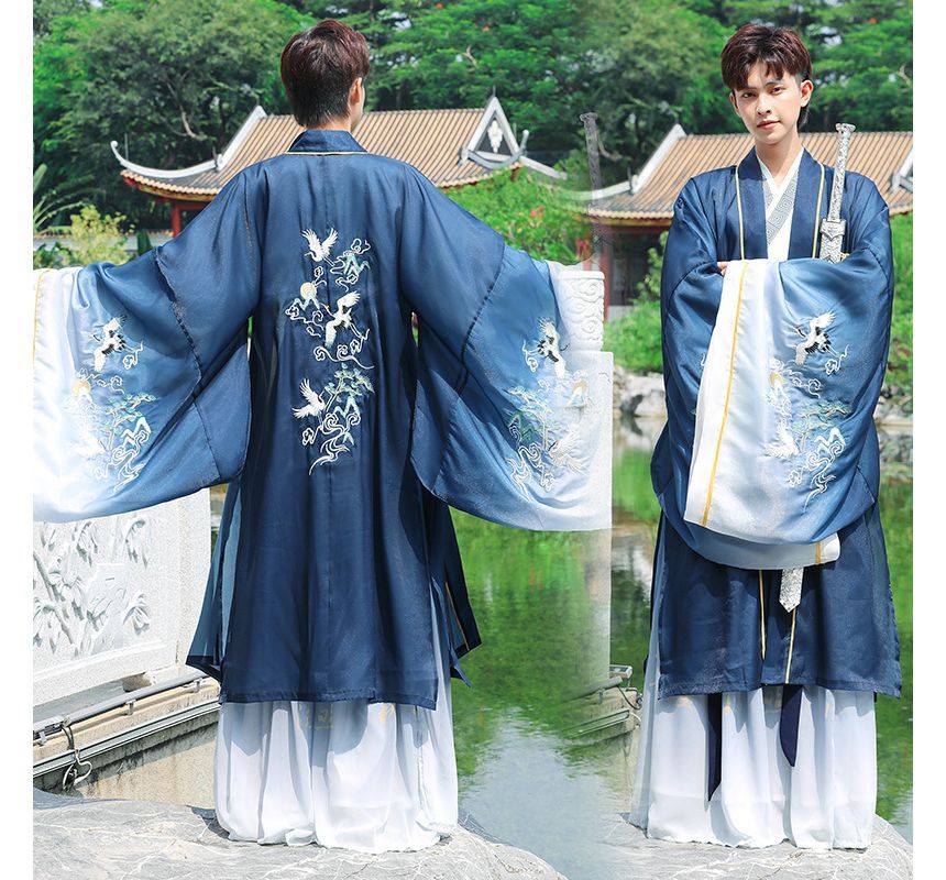 Crane Embroidered Hanfu Jacket / Patterned Blouse / High Waist Chinese Character Print Maxi A