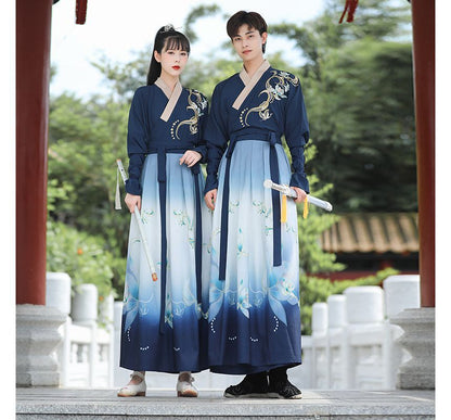 Couple Matching Flower Embroidered Hanfu Costume Set