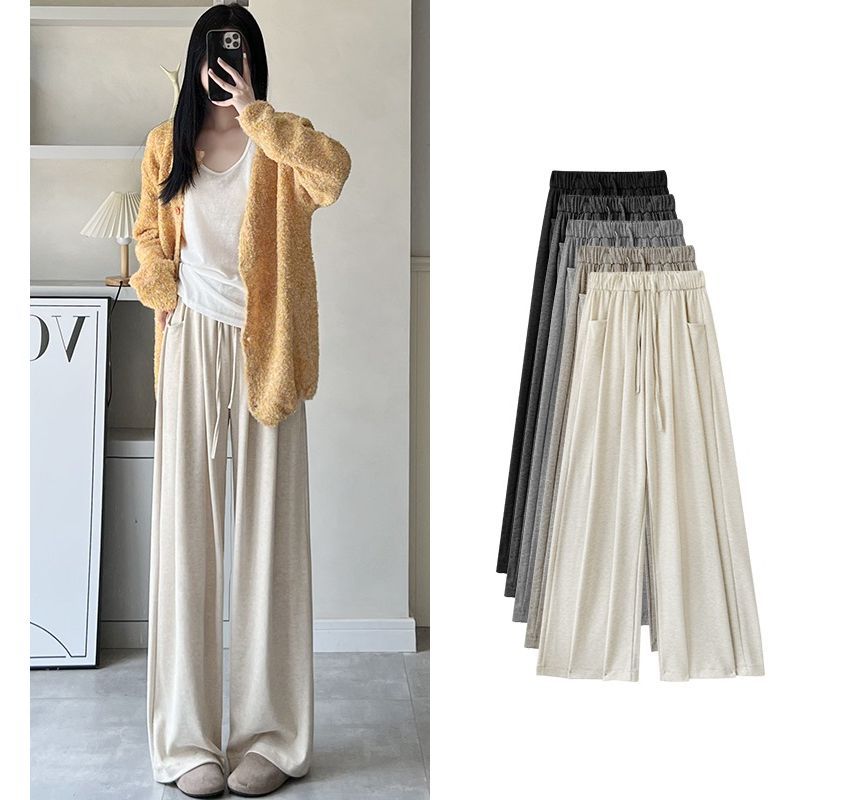 High Rise Drawstring Pocketed Drape Knit Wide Leg Plain Sweatpants