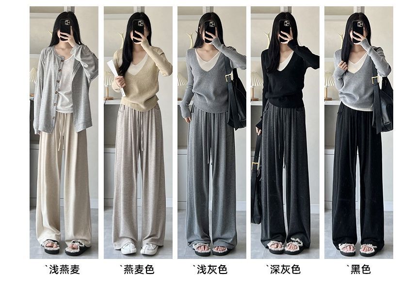 High Rise Drawstring Pocketed Drape Knit Wide Leg Plain Sweatpants