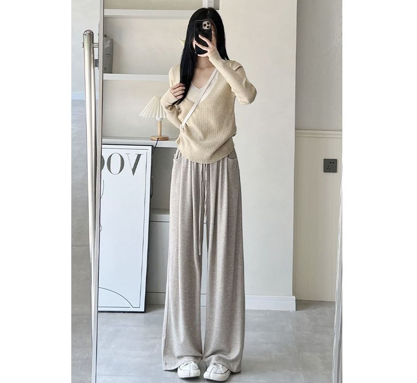 High Rise Drawstring Pocketed Drape Knit Wide Leg Plain Sweatpants