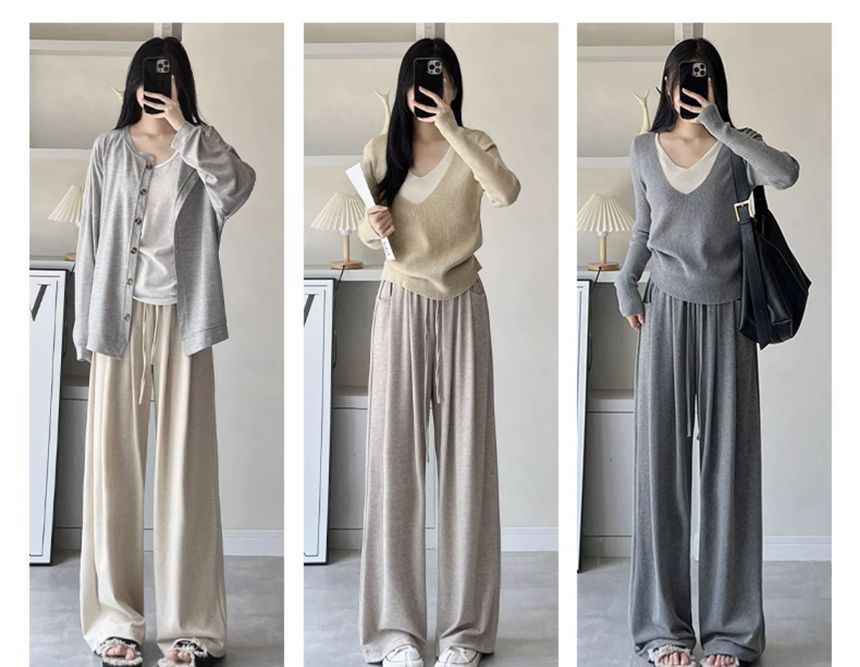 High Rise Drawstring Pocketed Drape Knit Wide Leg Plain Sweatpants