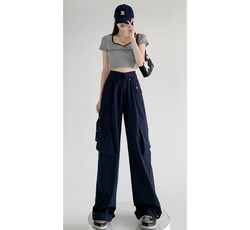 Waist Detailed Pocketed High Waist Plain Wide Leg Cargo Pants