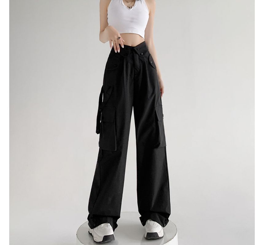 Waist Detailed Pocketed High Waist Plain Wide Leg Cargo Pants