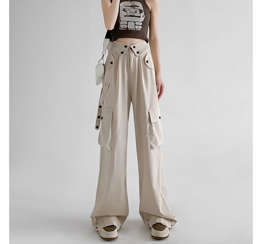 Waist Detailed Pocketed High Waist Plain Wide Leg Cargo Pants