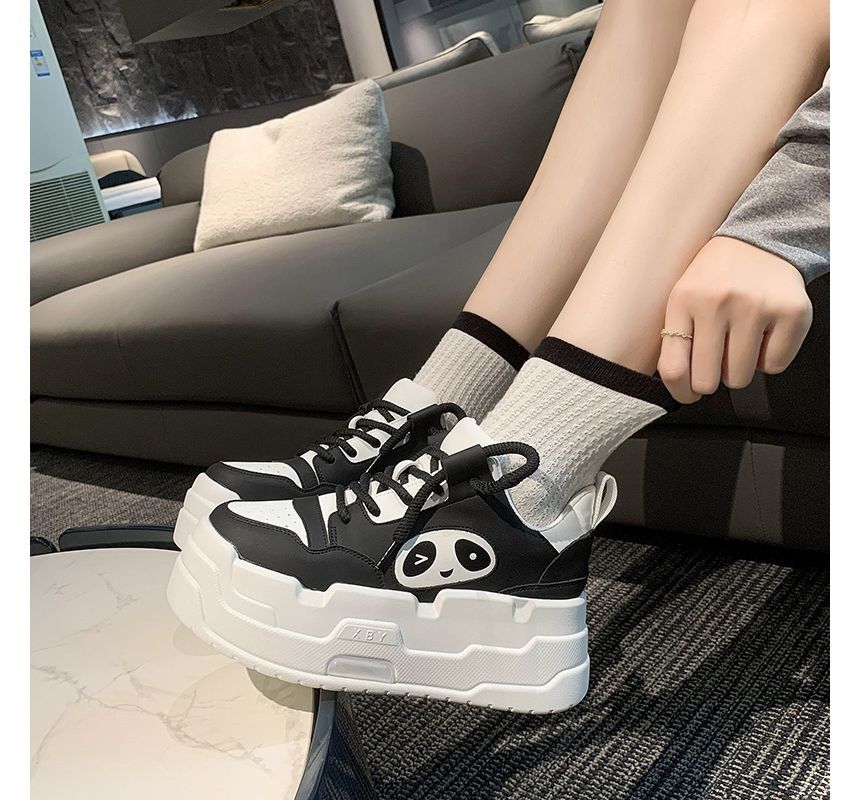 Panda Applique Platform Lace-Up Sneakers