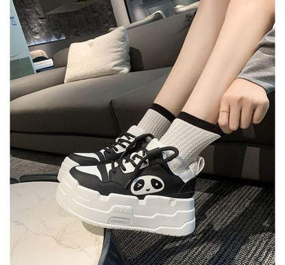 Panda Applique Platform Lace-Up Sneakers