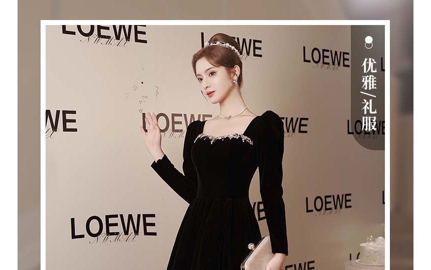 Gown Plain Long-Sleeve Evening Neck Rhinestone Square A-Line