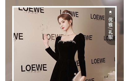 Gown Plain Long-Sleeve Evening Neck Rhinestone Square A-Line