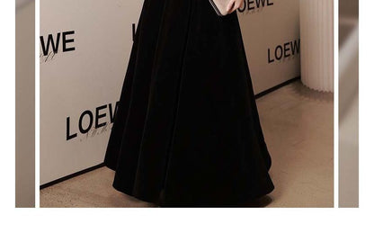 Long-Sleeve Square Neck Plain Rhinestone A-Line Evening Gown