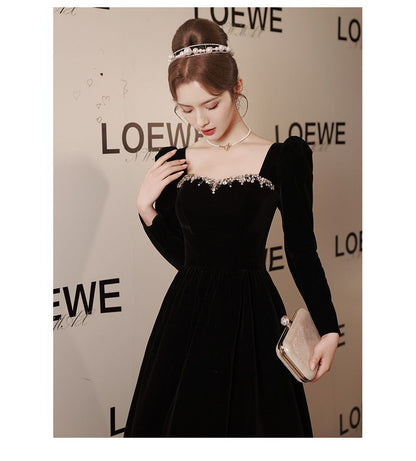 Gown Plain Long-Sleeve Evening Neck Rhinestone Square A-Line