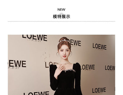 Long-Sleeve Square Neck Plain Rhinestone A-Line Evening Gown