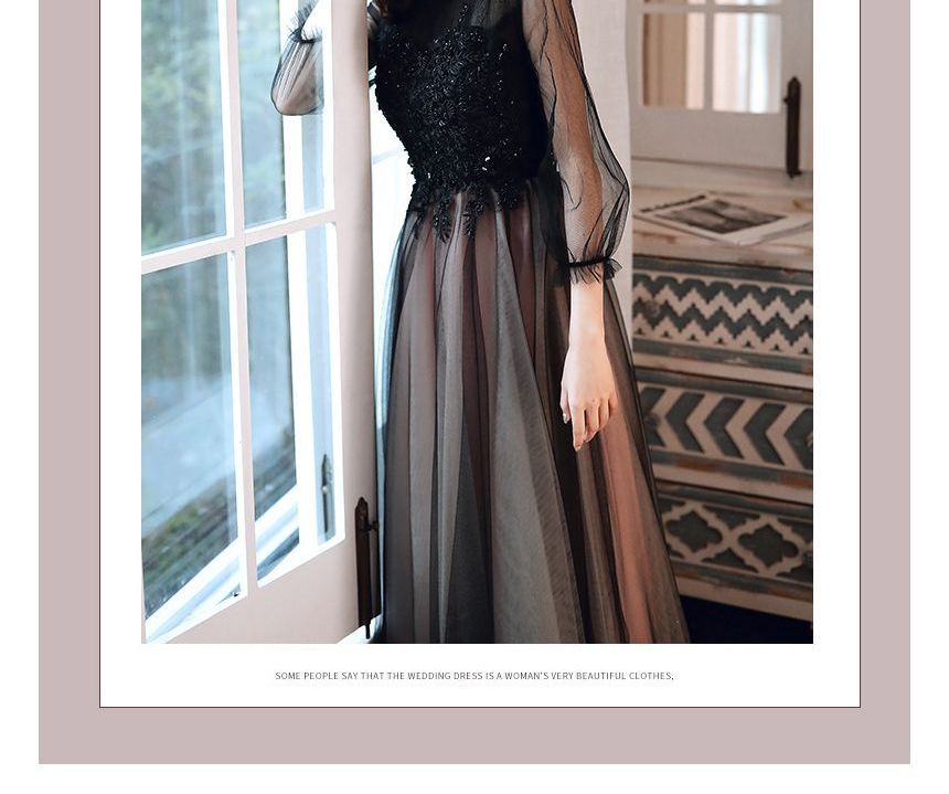 Puff-Sleeve Mock Neck Flower Embroidered Beaded A-Line Evening Gown / Midi Cocktail Dress