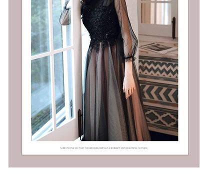 Puff-Sleeve Mock Neck Flower Embroidered Beaded A-Line Evening Gown / Midi Cocktail Dress