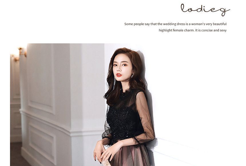 Puff-Sleeve Mock Neck Flower Embroidered Beaded A-Line Evening Gown / Midi Cocktail Dress