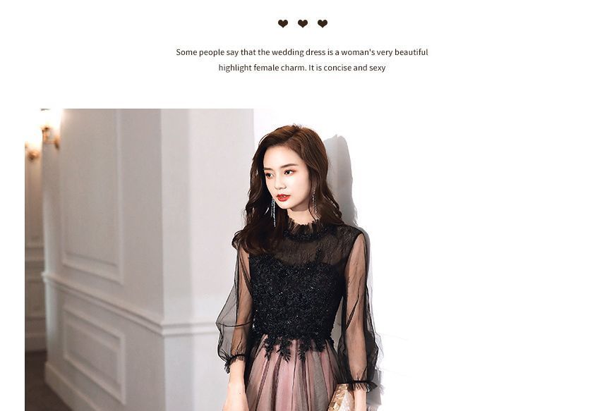 Puff-Sleeve Mock Neck Flower Embroidered Beaded A-Line Evening Gown / Midi Cocktail Dress