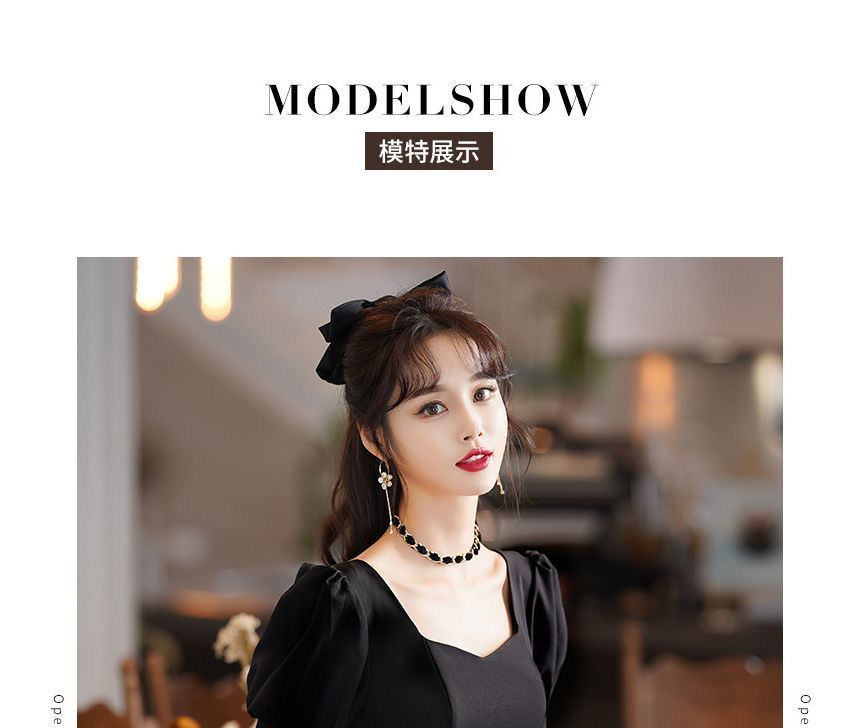 A-Line Gown Cocktail Two Sequin Dress / Puff-Sleeve Evening Tone