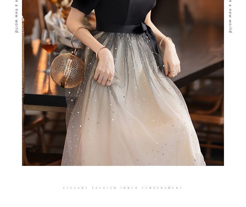 A-Line Gown Cocktail Two Sequin Dress / Puff-Sleeve Evening Tone